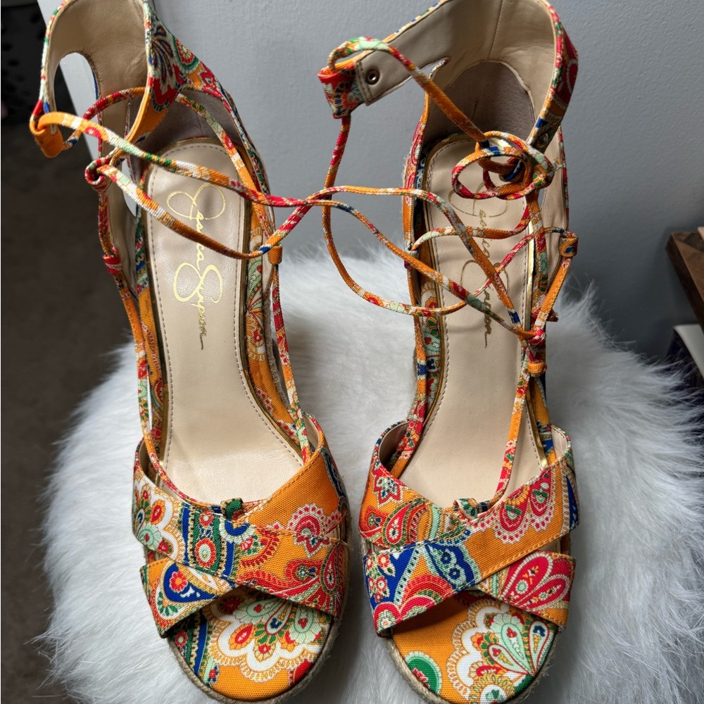 Jessica Simpson Colorful Paisley Lace-Up Wedges